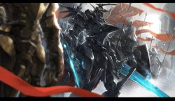 Rule 34 | armor, armored core, bad id, bad pixiv id, banner, building, commentary request, dark souls (series), dark souls i, day, flag, from software, full armor, glowing, glowing sword, glowing weapon, highres, holding, holding flag, holding shield, holding sword, holding weapon, huge weapon, knight, letterboxed, mecha, mono (jdaj), no humans, outdoors, robot, shield, standing, sword, weapon