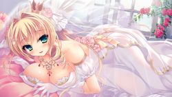 Rule 34 | 1girl, bed, blonde hair, blush, bridal veil, bride, crown, dress, drill hair, flower, frilled pillow, frills, game cg, gem, gloves, green eyes, hair flower, hair ornament, hinata mutsuki, jewelry, long dress, long hair, looking at viewer, love love princess, lying, marigold bruette erland, mini crown, necklace, on side, pillow, red gemstone, rose, smile, solo, veil, wedding dress, white dress, white gloves, window