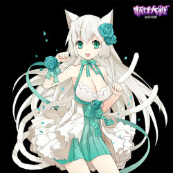 Rule 34 | 1girl, :d, animal ears, bare shoulders, black background, breasts, cat ears, cat tail, choker, cleavage, dress, flower, green eyes, grey hair, hair flower, hair ornament, long hair, mami (apsaras), open mouth, paw pose, ribbon, ribbon choker, simple background, smile, solo, tail, very long hair, white hair, wrist ribbon, youjo taisen