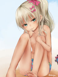 Rule 34 | 1girl, akino shuu, bare arms, bare legs, bare shoulders, barefoot, bikini, bikini bottom only, blonde hair, blush, bow, closed mouth, collarbone, flower, grecale (kancolle), green eyes, hair between eyes, hair bow, hair flower, hair ornament, kantai collection, long hair, official alternate costume, pink bow, pink flower, side ponytail, solo, swimsuit, twitter username
