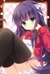 Rule 34 | 1girl, blazer, blunt bangs, blush, breasts, checkered background, closed mouth, floral background, green eyes, hair ribbon, highres, jacket, large breasts, legs together, long hair, looking at viewer, nagisa rio, original, purple hair, ribbon, school uniform, sleeves past wrists, smile, solo, thighhighs, thighs, turtleneck, white ribbon