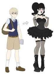Rule 34 | 1boy, before and after, black hair, black lips, blonde hair, book, boots, choker, crossdressing, dress, dual persona, glasses, goth fashion, gothic, gothic lolita, high heel boots, high heels, highres, lipstick, lolita fashion, makeup, platform footwear, platform heels, sealguy, shorts, side-by-side, thighhighs, twintails, wedge heels