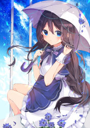 Rule 34 | 1girl, absurdres, blue eyes, blush, brown hair, closed mouth, commentary request, dress, eyelashes, highres, holding, holding umbrella, legs together, long hair, looking at viewer, looking back, nanakusa miya, original, petals, purple ribbon, ribbon, sitting, solo, tearing up, umbrella, very long hair, wrist cuffs