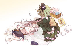 Rule 34 | 2girls, :d, barefoot, basket, biyon, black headwear, black skirt, closed eyes, commentary, dress, from above, ghost tail, green dress, green hair, grey hair, hat, holding, japanese clothes, kariginu, long hair, long sleeves, mononobe no futo, multiple girls, ofuda, ofuda on clothes, open mouth, short hair, skirt, smile, soga no tojiko, symbol-only commentary, tate eboshi, touhou, towel, toyosatomimi no miko, toyosatomimi no miko (owl), translation request