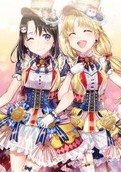 Rule 34 | 2girls, :d, ;), ^ ^, bang dream!, bear hair ornament, black hair, blonde hair, blue eyes, blush, bow, bowtie, center frills, character hair ornament, clenched hand, closed eyes, commentary request, corset, dress, earrings, frills, gloves, group name, hair bow, hair ornament, hat, hat ornament, hat ribbon, jacket, jewelry, locked arms, long hair, medium hair, michelle (bang dream!), multicolored clothes, multicolored dress, multiple girls, okusawa misaki, one eye closed, open mouth, overskirt, red bow, ribbon, round teeth, short sleeves, smile, striped bow, striped bowtie, striped clothes, striped neckwear, striped ribbon, teeth, tiny (tini3030), tsurumaki kokoro, twintails, upper teeth only, vertical stripes, white gloves