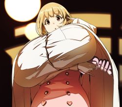 Rule 34 | 1girl, blouse, breast lift, breast pocket, breasts, brown eyes, brown hair, crossed arms, gigantic breasts, gloves, hair ornament, hairclip, heart, heart hair ornament, high-waist skirt, highres, huge breasts, looking at viewer, narusawa ryouka, naze, necktie, occultic;nine, pocket, shirt, short hair, skirt, solo, upper body, white shirt