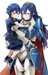 Rule 34 | 1boy, 1girl, aged down, ameno (a meno0), armor, black gloves, black panties, blue armor, blue cape, blue eyes, blue hair, blue shirt, blue shorts, blush, breastplate, cape, child, chrom (child) (fire emblem), chrom (fire emblem), commentary request, father and daughter, fire emblem, fire emblem awakening, fire emblem heroes, gauntlets, gloves, hair between eyes, long hair, lucina (fate&#039;s resolve) (fire emblem), lucina (fire emblem), nintendo, official alternate costume, panties, pauldrons, plackart, red cape, shirt, short hair, shorts, shoulder armor, simple background, tiara, two-tone cape, underwear, white background