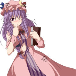 Rule 34 | 1girl, bad id, bad pixiv id, blush, book, crescent, dirty, dress, female focus, hat, long hair, midriff, one eye closed, open mouth, patchouli knowledge, pink dress, purple eyes, purple hair, solo, tears, torn clothes, touhou, tsukishiro saika, wink