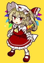 Rule 34 | 1girl, ascot, blonde hair, chibi, crystal, fang, flandre scarlet, frilled shirt collar, frilled sleeves, frills, full body, hat, highres, maa (forsythia1729), mary janes, medium hair, mob cap, one side up, puffy short sleeves, puffy sleeves, red eyes, red footwear, red skirt, red vest, shirt, shoes, short sleeves, simple background, skirt, touhou, vest, white shirt, wings, yellow ascot, yellow background