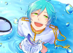 Rule 34 | 10s, 1boy, absurdres, aqua hair, blue hair, blush, cupping hands, ensemble stars!, fish, from above, gloves, green eyes, half gloves, hat, highres, in palm, male focus, own hands together, pajero, partially submerged, shinkai kanata, smile, solo, unworn hat, unworn headwear, water