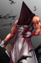 Rule 34 | ..., 1boy, bara, blood, blood on clothes, chan kuro (azsdi4e), copyright name, covered abs, dead by daylight, gloves, gradient background, helmet, highres, holding, holding sword, holding weapon, large pectorals, male focus, monster, muscular, muscular male, pectorals, pyramid head, silent hill (series), silent hill 2, simple background, solo, sword, translation request, weapon, white gloves