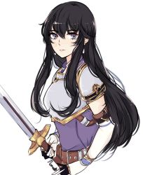 Rule 34 | 1girl, armor, ayra (fire emblem), belt, black hair, breastplate, earrings, elbow gloves, fire emblem, fire emblem: genealogy of the holy war, gloves, hair between eyes, highres, jewelry, long hair, looking at viewer, nana (mizukas), nintendo, purple eyes, sidelocks, signature, simple background, sketch, solo, sword, upper body, weapon, white background, white gloves