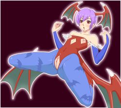 Rule 34 | 1girl, bare shoulders, covered erect nipples, crotchless, detached sleeves, female focus, flat chest, head wings, lilith aensland, nippleless clothes, nipples, purple hair, pussy, solo, spread legs, vampire (game), wings