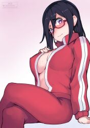 Rule 34 | 1girl, black hair, blush, breasts, covered erect nipples, crossed legs, demi-chan wa kataritai, glasses, hair between eyes, heart, heart-shaped pupils, highres, in heat, jack rockhardt, jacket, large breasts, looking at viewer, medium hair, no bra, open clothes, open jacket, pants, purple eyes, red-framed eyewear, red jacket, red pants, satou sakie, semi-rimless eyewear, sideboob, sitting, solo, sweat, symbol-shaped pupils, track jacket, track pants, track suit, under-rim eyewear