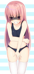 Rule 34 | 1girl, angry, aria (koiiroharemoyou), arm under breasts, bare arms, bikini, black bikini, blunt bangs, blush, breasts, breasts squeezed together, cleavage, clenched teeth, collarbone, commentary request, covering crotch, covering privates, horizontal-striped background, long hair, looking at viewer, mitsukasa ayase, pink hair, purple eyes, riddle joker, shaded face, sidelocks, simple background, skindentation, small breasts, solo, standing, stomach, straight hair, striped background, sweatdrop, swimsuit, teeth, thighhighs, v-shaped eyebrows, very long hair, white thighhighs