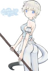 Rule 34 | 10s, 1girl, animal ears, aohashi ame, ass, bare back, birthday, blonde hair, blue eyes, brave witches, breasts, broom, dated, ermine ears, ermine tail, facing viewer, happy birthday, highres, holding, looking at viewer, nikka edvardine katajainen, panties, pants, pantyhose, ribbon, short hair, sideboob, simple background, solo, strike witches, tail, tight clothes, tight pants, turning head, underwear, vest, weasel ears, weasel tail, white background, white panties, world witches series