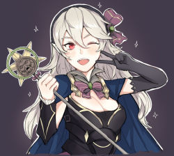 Rule 34 | 1girl, alternate costume, armor, black armor, blush, breasts, cape, cleavage, corrin (female) (fire emblem), corrin (fire emblem), fire emblem, fire emblem fates, hairband, kachiino, looking at viewer, medium breasts, nintendo, one eye closed, open mouth, pointy ears, red eyes, smile, solo, upper body, v, wand, wink