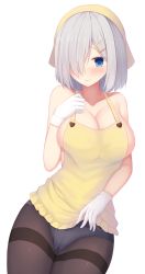 Rule 34 | 1girl, apron, bare arms, bare shoulders, black panties, blue eyes, blush, breasts, brown pantyhose, cleavage, closed mouth, collarbone, commentary request, cowboy shot, firepo, frills, gloves, hair ornament, hair over one eye, hairclip, hamakaze (kancolle), hand up, head scarf, highres, kantai collection, large breasts, looking at viewer, no bra, panties, panties over pantyhose, pantyhose, short hair, silver hair, simple background, smile, solo, standing, thighband pantyhose, underwear, white background, white gloves