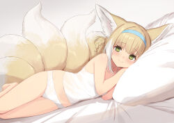 Rule 34 | 1girl, animal ears, arknights, barefoot, blonde hair, blue hairband, blush, camisole, closed mouth, flat chest, fox ears, fox girl, fox tail, green eyes, hairband, highres, looking at viewer, lying, multicolored hair, multiple tails, on side, panties, pillow, see-through, sigm@, smile, solo, streaked hair, suzuran (arknights), tail, underwear, white camisole, white hair, white panties