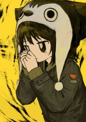 Rule 34 | 1girl, absurdres, beanie, black background, black eyes, black hair, bomber jacket, character hat, character request, closed mouth, copyright request, earflap beanie, english text, expressionless, green jacket, grey pupils, half-closed eyes, hand to own mouth, hands up, highres, jacket, kaomoji, light blush, long sleeves, looking ahead, original, own hands together, patch, pom pom (clothes), shii595, short hair, shoulder patch, solo, two-tone background, upper body, yellow background