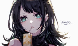 Rule 34 | 1girl, bang dream!, bang dream! it&#039;s mygo!!!!!, black hair, blush, carton, commentary request, dated, drinking straw, drinking straw in mouth, earrings, green eyes, highres, jewelry, looking at viewer, medium hair, nuruponnu, parted lips, portrait, simple background, solo, white background, yahata umiri