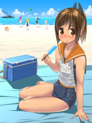 Rule 34 | 10s, 6+girls, arm support, barefoot, beach, blush, brown eyes, brown hair, cooler, day, food, i-168 (kancolle), i-19 (kancolle), i-401 (kancolle), i-58 (kancolle), i-8 (kancolle), kantai collection, maru-yu (kancolle), multiple girls, ocean, outdoors, ponytail, popsicle, sand, school swimsuit, school uniform, serafuku, shiden (sashimi no wife), ship, sitting, swimsuit, swimsuit under clothes, triangle mouth, water, watercraft, wet, wet clothes, yokozuwari