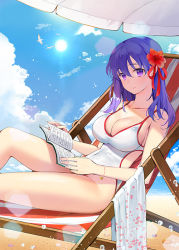 Rule 34 | 1girl, bare arms, bare legs, bare shoulders, beach chair, bird, blue sky, book, breasts, cleavage, cloud, cloudy sky, collarbone, covered navel, day, fate/grand order, fate (series), flower, hair flower, hair ornament, hibiscus, holding, holding book, ice (ice aptx), impossible clothes, impossible swimsuit, large breasts, long hair, looking at viewer, matou sakura, one-piece swimsuit, open book, outdoors, purple eyes, purple hair, reclining, red flower, sky, smile, solo, sun, sunlight, swimsuit, thighs, towel, white one-piece swimsuit