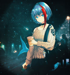 Rule 34 | 1girl, absurdres, admiral graf spee (azur lane), admiral graf spee (peaceful daily life) (azur lane), aran sweater, azur lane, black bag, black choker, black skirt, blue eyes, cable knit, cellphone, choker, clothing cutout, cowboy shot, cup, disposable cup, fins, fish tail, highres, holding, holding cup, holding phone, jovero, looking at viewer, medium hair, multicolored hair, night, official alternate costume, phone, red hair, shark tail, shoulder cutout, skirt, smartphone, streaked hair, sweater, tail, two-tone hair, white hair