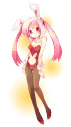 Rule 34 | 1girl, animal ears, bad id, bad pixiv id, bare shoulders, breasts, cleavage, clothing cutout, detached collar, fake animal ears, fishnet pantyhose, fishnets, leotard, navel cutout, original, pantyhose, pink eyes, pink hair, playboy bunny, rabbit ears, simple background, small breasts, solo, tachitsu teto, thigh gap, twintails, wrist cuffs
