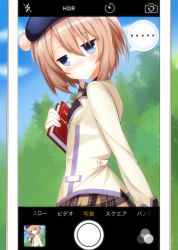 Rule 34 | ..., 1girl, absurdres, blanc (neptunia), blue eyes, blush, book, bow, bowtie, breasts, brown bow, brown bowtie, brown hair, brown skirt, camera, cardigan, cellphone, closed mouth, day, from side, hair between eyes, haru blanc0316, head tilt, highres, holding, holding book, jitome, looking at viewer, neptune (series), nose blush, outdoors, phone, plaid, plaid bow, plaid bowtie, plaid neckwear, plaid skirt, school uniform, short hair, skirt, small breasts, smartphone, solo, speech bubble, spoken ellipsis, standing, viewfinder
