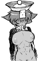 Rule 34 | 1girl, abs, blush, breasts, capcom, detached sleeves, female pubic hair, full-face blush, greyscale, hair over eyes, hat, large breasts, lei lei, monochrome, navel, nipples, nude, ofuda, pubic hair, short hair, solo, tsukudani (coke-buta), vampire (game)