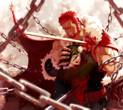 Rule 34 | 2boys, absurdres, beard, blood, blood on clothes, cape, chain, chained, chain, crying, facial hair, fate/zero, fate (series), fur-trimmed cape, fur trim, hand on another&#039;s head, highres, impaled, iskandar (fate), leather, male focus, mature male, multiple boys, muscular, muscular male, pectorals, red cape, red hair, short hair, sidepec, smile, upper body, waver velvet, wincalblanke
