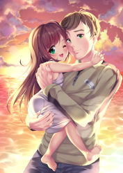 Rule 34 | 1boy, 1girl, ;d, age difference, bare arms, bare shoulders, barefoot, blush, brown hair, child, closed mouth, cloud, cloudy sky, controller, dress, feet, game controller, gorudazo, held up, highres, long hair, long sleeves, looking at viewer, looking to the side, one eye closed, open mouth, original, outdoors, shiny skin, short hair, sky, smile, sun, toes, water, white dress, zipper