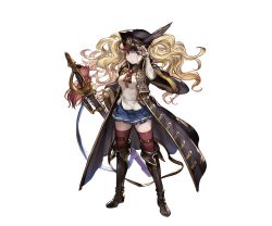 Rule 34 | 10s, 1girl, bandaid, bandaid on face, blonde hair, boots, brown eyes, curly hair, feathers, full body, granblue fantasy, hat, jacket, jacket on shoulders, minaba hideo, miniskirt, monica (granblue fantasy), monica weisswind, monika weisswind, official art, peaked cap, skirt, solo, sword, thighhighs, transparent background, twintails, weapon