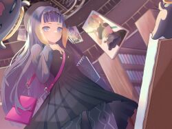 Rule 34 | 1girl, :3, absurdres, artist self-reference, bag, beret, black dress, bookshelf, breasts, dress, fang, floating hair, hand on own chest, handbag, hat, highres, hololive, hololive english, kazama iroha, long sleeves, looking at viewer, ninomae ina&#039;nis, ninomae ina&#039;nis (casual), open mouth, painting (object), pantyhose, purple eyes, purple pantyhose, purple shirt, shirt, sia (dlshfl12322), sleeves past wrists, small breasts, smile, solo, takodachi (ninomae ina&#039;nis), tentacle hair, virtual youtuber
