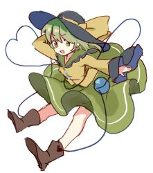 Rule 34 | 1girl, boots, bow, collar, frilled collar, frilled sleeves, frills, full body, green eyes, green hair, green skirt, hat, hat bow, komeiji koishi, open mouth, paragasu (parags112), shirt, short hair, simple background, skirt, solo, touhou, white background, wide sleeves, yellow bow, yellow shirt