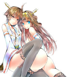 Rule 34 | 10s, 2girls, ahoge, ass, bad id, bad pixiv id, bare shoulders, blue eyes, boots, brown eyes, brown hair, detached sleeves, double bun, hair ornament, hairband, hiei (kancolle), highres, japanese clothes, kantai collection, kongou (kancolle), leg between thighs, licking lips, long hair, looking at viewer, multiple girls, nontraditional miko, open mouth, personification, short hair, thigh boots, thighhighs, tongue, tongue out, uko magi