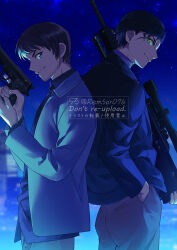 Rule 34 | 2boys, akai shuuichi, back-to-back, beanie, black hair, blazer, blue eyes, blue jacket, blue shirt, brown hair, commentary request, cowboy shot, dated commentary, facial hair, from side, green eyes, grey jacket, gun, hand in pocket, handgun, hat, highres, holding, holding gun, holding weapon, jacket, male focus, meitantei conan, multiple boys, night, remsor076, rifle, scotch (meitantei conan), shirt, short hair, signature, smirk, sniper rifle, stubble, twitter username, weapon