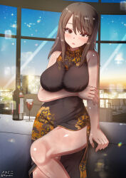 Rule 34 | 1girl, bare shoulders, blush, bottle, breasts, brown eyes, brown hair, china dress, chinese clothes, cup, dress, drinking glass, girls und panzer, highres, indoors, large breasts, long hair, looking at viewer, megadeko, mika (girls und panzer), open mouth, solo, wine bottle, wine glass