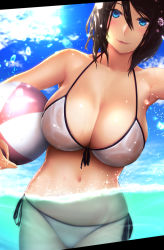 Rule 34 | ball, beachball, big.g, bikini, blue eyes, breasts, brown hair, cloud, day, dutch angle, highres, large breasts, lips, looking at viewer, navel, original, partially submerged, partially underwater shot, see-through, side-tie bikini bottom, sky, solo, standing, swimsuit, water, white bikini
