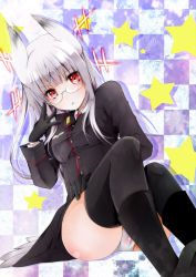 Rule 34 | 1girl, akatsuki hijiri, animal ears, black thighhighs, blush, boots, breasts, checkered background, glasses, gloves, head wings, heidimarie w. schnaufer, hirschgeweih antennas, long hair, military, military uniform, necktie, panties, red eyes, silver hair, sitting, solo, star (symbol), strike witches, tail, thighhighs, underwear, uniform, wings, world witches series