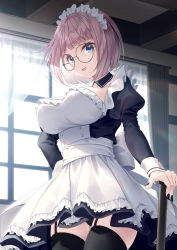 Rule 34 | 1girl, :d, apron, black-framed eyewear, black collar, black dress, black nails, black thighhighs, blue eyes, brown hair, collar, commentary request, curtains, detached collar, dress, frilled apron, frills, garter straps, glasses, highres, indoors, juliet sleeves, kine-c, long sleeves, looking at viewer, maid, maid headdress, nail polish, open mouth, original, pleated dress, puffy sleeves, round eyewear, smile, solo, thighhighs, transparent, white apron, window, wing collar