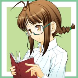 Rule 34 | 1girl, akizuki ritsuko, antenna hair, book, braid, brown eyes, brown hair, glasses, idolmaster, idolmaster (classic), nikukai, smile, solo, twin braids