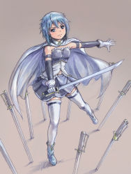 Rule 34 | 10s, 1girl, bare shoulders, blue eyes, blue hair, cape, full body, gloves, magical girl, mahou shoujo madoka magica, mahou shoujo madoka magica (anime), matching hair/eyes, miki sayaka, outstretched arm, short hair, simple background, skirt, solo, standing, standing on one leg, sword, thighhighs, weapon, yoshikawa kazunori