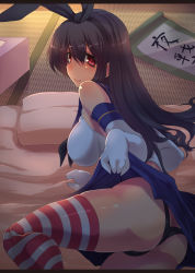 Rule 34 | 1girl, ass, black panties, breasts, brown hair, clothes lift, commentary request, cosplay, elbow gloves, fusou (kancolle), futon, gloves, hair ribbon, kantai collection, large breasts, long hair, looking at viewer, looking back, panties, pillow, pink eyes, ribbon, shimakaze (kancolle), shimakaze (kancolle) (cosplay), shirt, skirt, skirt lift, solo, striped clothes, striped thighhighs, suikamaru, tatami, thighhighs, underwear, upskirt, white gloves