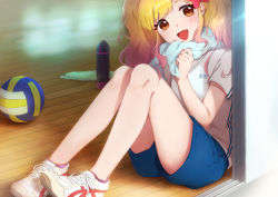 Rule 34 | 1girl, :d, absurdres, aikatsu! (series), aikatsu stars!, ankle socks, ball, blonde hair, blue shorts, blush, bottle, bow, brown eyes, character name, clothes writing, commentary request, gym, gym uniform, hair bow, highres, looking at viewer, multicolored hair, nijino yume, open mouth, pink bow, pink hair, pink socks, shirt, shoes, short sleeves, short socks, shorts, smile, sneakers, socks, solo, sportswear, supersaiazin-kanako, t-shirt, thighs, towel, twintails, volleyball, volleyball (object), water bottle, white shirt