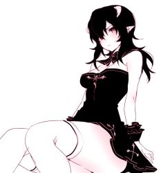 Rule 34 | 1girl, bare shoulders, blush, breasts, detached collar, dress, hizuki akira, horns, knees together feet apart, looking at viewer, medium breasts, monochrome, original, pointy ears, scrunchie, simple background, solo, strapless, strapless dress, thighhighs, white background, wrist scrunchie, zettai ryouiki