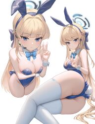 Rule 34 | 1girl, animal ears, ass, blonde hair, blue archive, blue eyes, blue leotard, blue ribbon, blush, breasts, cleavage, commentary request, detached sleeves, geomissword, halo, highres, leotard, long hair, medium breasts, multiple views, neck ribbon, official alternate costume, partial commentary, playboy bunny, rabbit ears, rabbit tail, ribbon, sideboob, tail, thighhighs, toki (blue archive), toki (bunny) (blue archive), v, white thighhighs