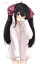 Rule 34 | 1girl, animal print, black hair, blush, collared shirt, commentary request, cowboy shot, hair ribbon, highres, idolmaster, idolmaster cinderella girls, leopard print, long hair, looking at viewer, matoba risa, naked shirt, oversized clothes, oversized shirt, pink ribbon, ribbon, roccamoya, shirt, simple background, sleeves past fingers, sleeves past wrists, solo, twintails, white background, white shirt, yellow eyes