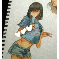 Rule 34 | 1girl, black hair, bob cut, closed eyes, cropped shirt, cutoff jeans, cutoffs, denim, denim shorts, fei 00714, food, food in mouth, frisk (undertale), hand up, holding, holding food, holding popsicle, midriff, navel, pants, popsicle, popsicle in mouth, shirt, short hair, short shorts, short sleeves, shorts, solo, standing, striped clothes, striped shirt, t-shirt, tagme, undertale